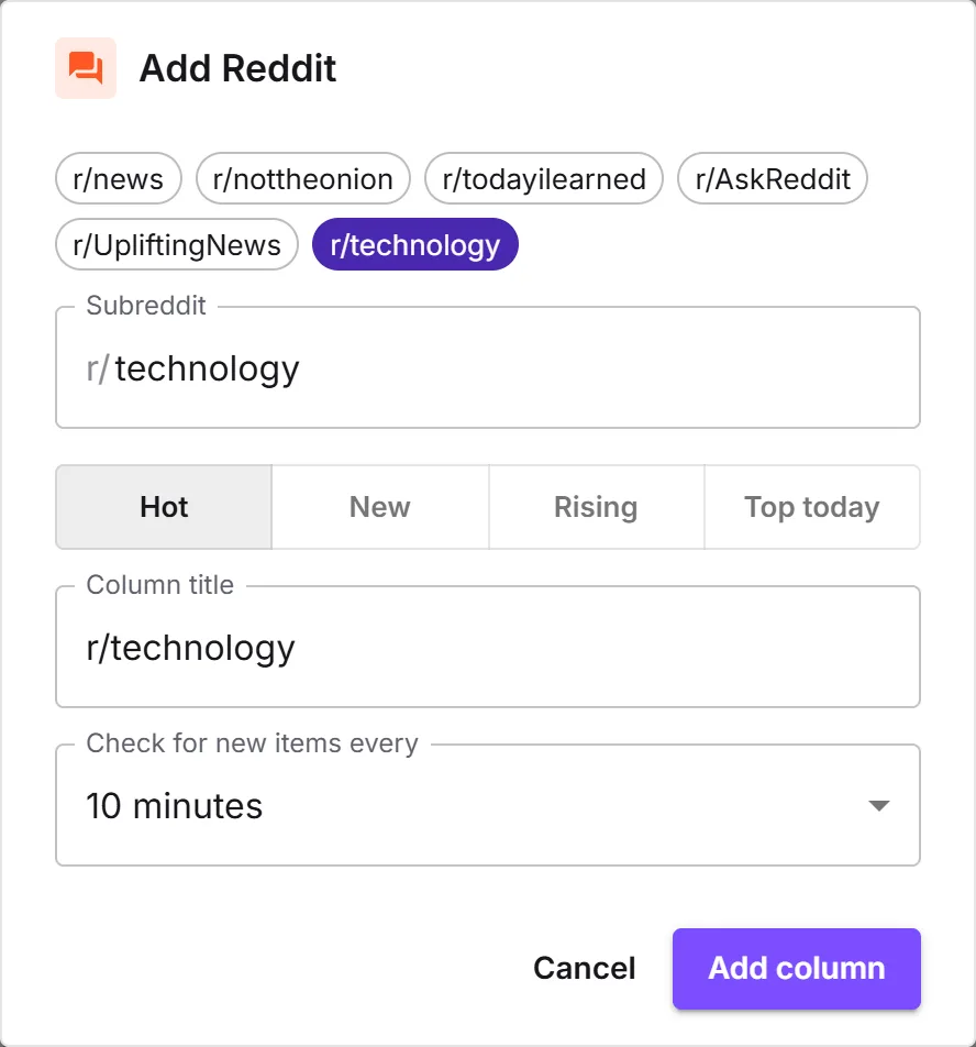 The Add column dialog for Reddit, with one-click subreddit presets