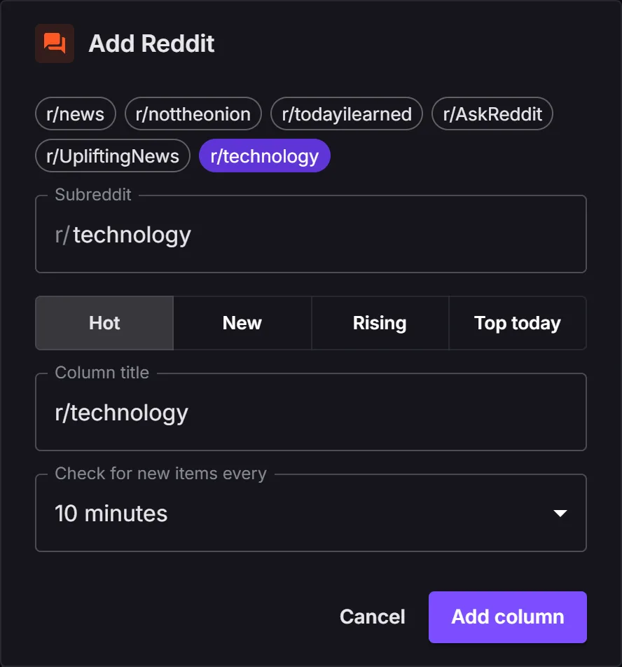 The Add column dialog for Reddit, with one-click subreddit presets
