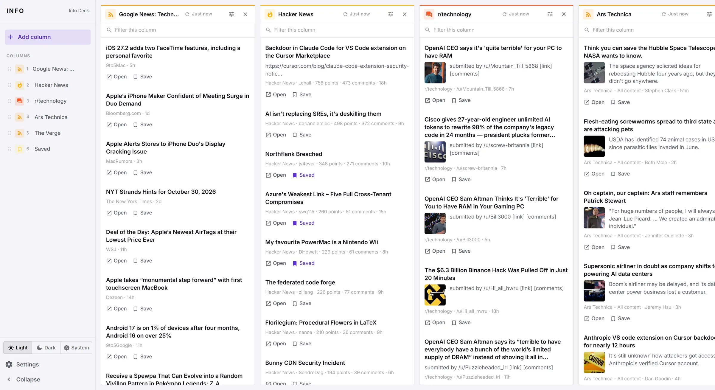 The Info Deck board: Google News, Hacker News, Reddit and Ars Technica columns side by side