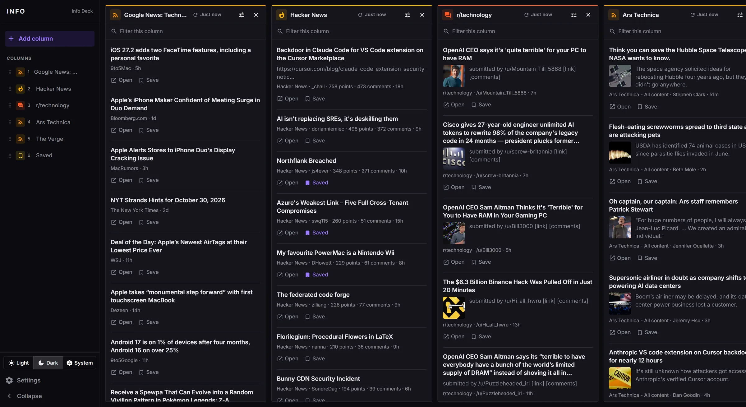 The Info Deck board with Google News, Hacker News, Reddit and Ars Technica columns